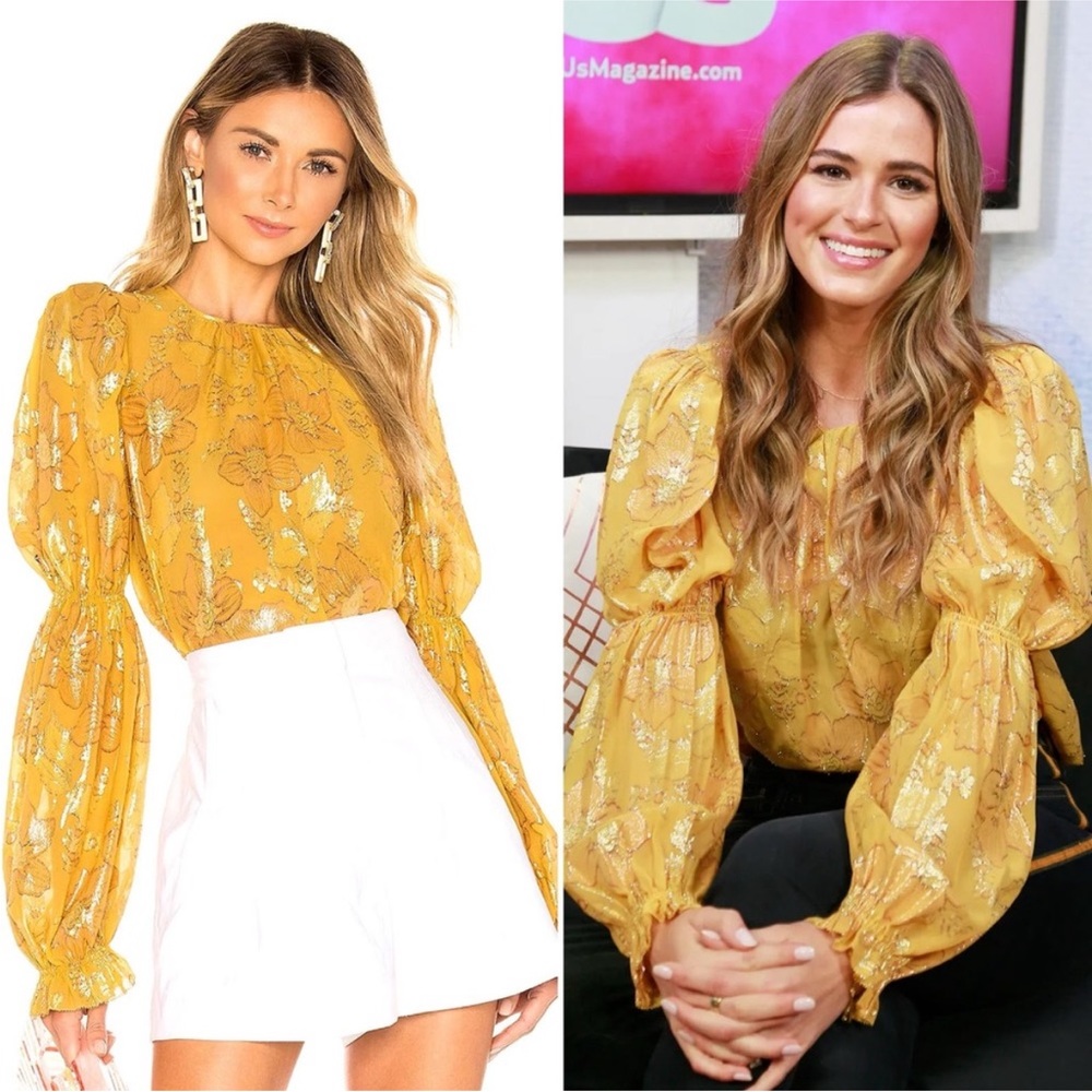 ULLA JOHNSON Aster Floral Blouse Top Silk Metallic Yellow Gold Long Sleeve 0